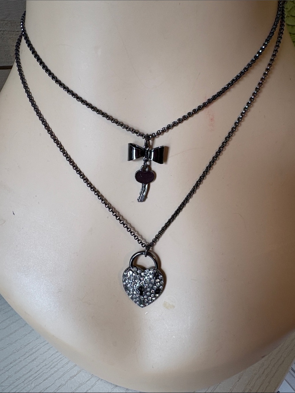 Betsey Johnson Gunmetal Double-Layer Heart Lock Bow & Key Necklace